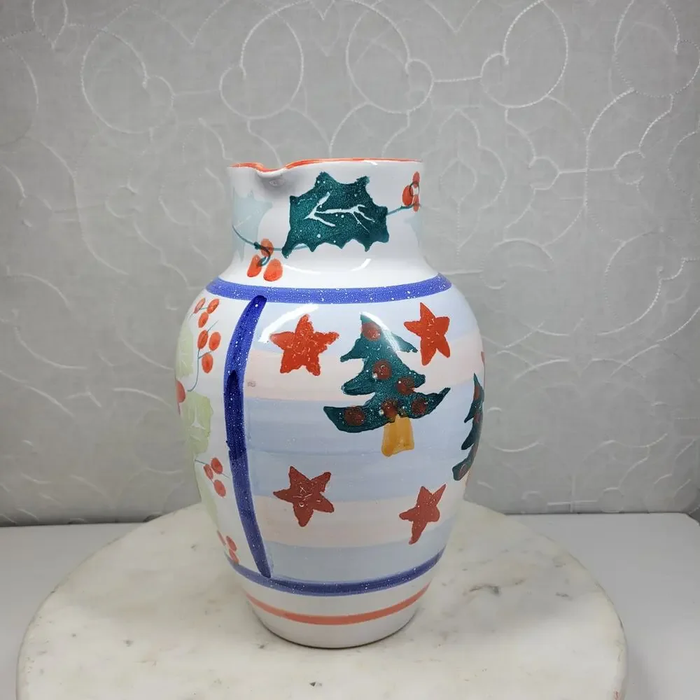 Pier 1 Italian Ceramic Pitcher Hand Painted Christmas Trees Floral Stars